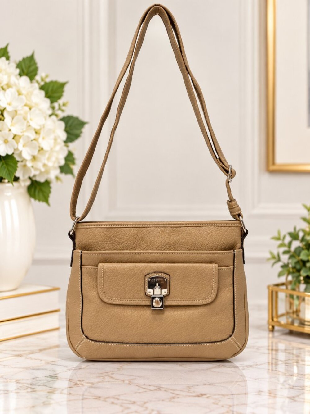 Rosetti Tan Beige Pebbled Crossbody Shoulder Bag Adjustable Strap Flap Pocket